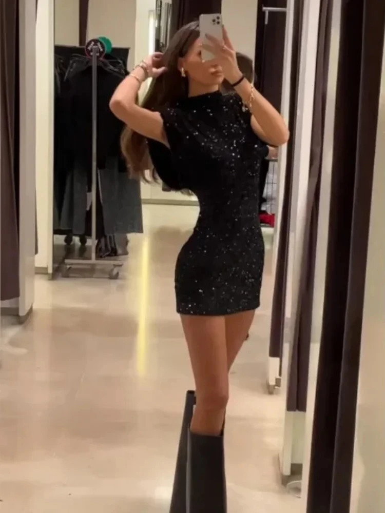ZBZA Womens Shoulder Pad Shining Dress Solid Sleeveless Hidden Zipper High Waist Elegant Aline Mini Skirt 250409