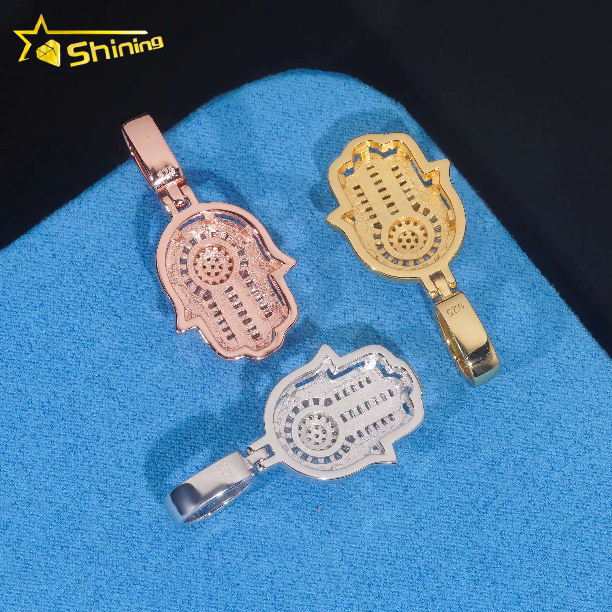 New Fashion Jewelry Hip Hop Jewelry S925 Gold Plated Cute Charms Two Layer Gra Certificate baguette Moissanite Men Hamsa Pendant