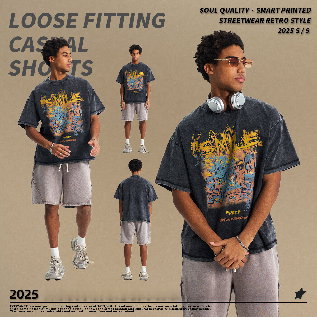 Chain fashion men's clothing | 2025 spring/summer street vintage printed T-shirt hip-hop niche washed loose cotton short sleeved shirt