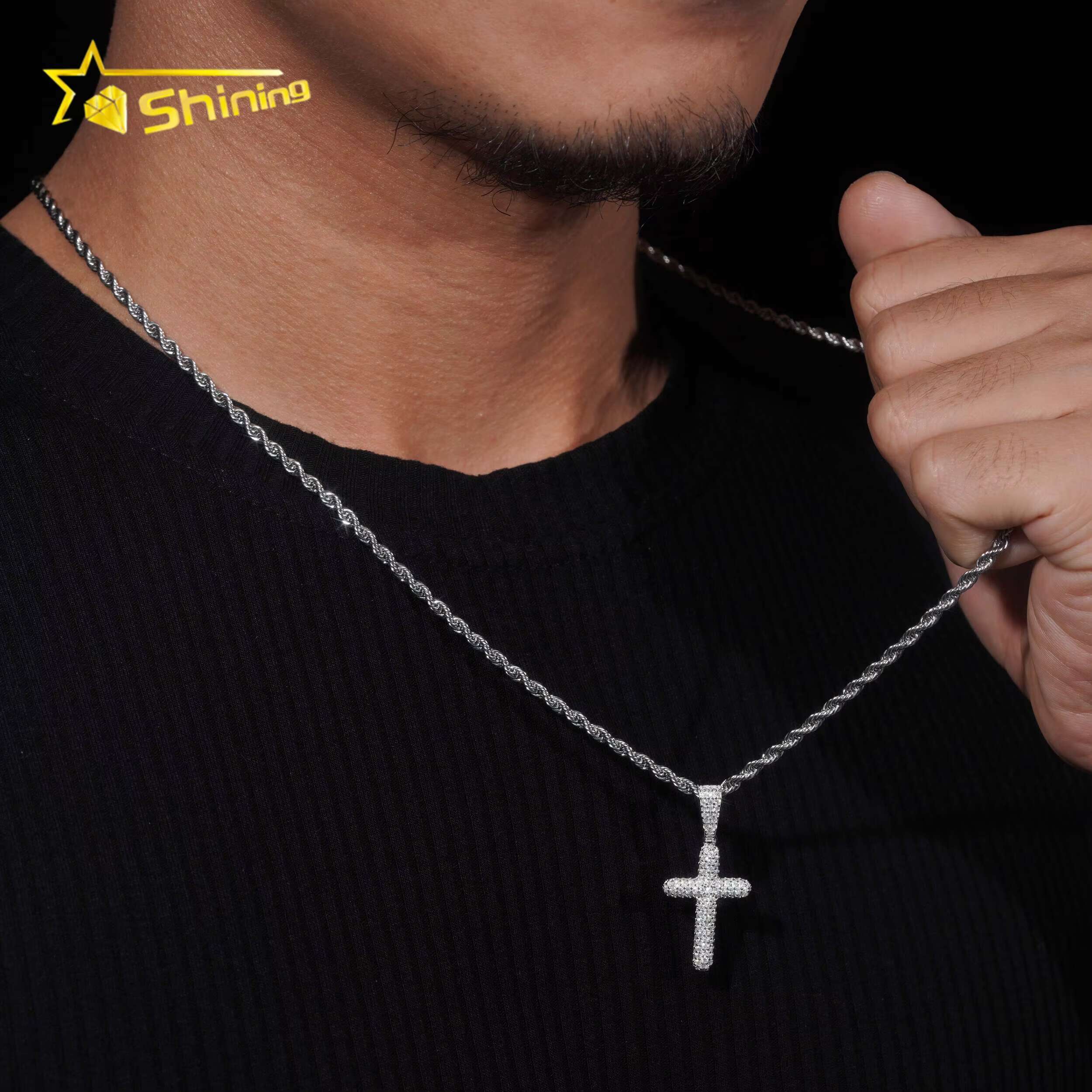 Hip Hop Jewelry 925 Sterling Silver Men Pendant Diamond Iced Out Bubble Cross Pendant Moissanite