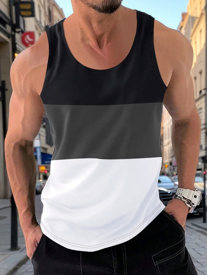 Summer casual sports vest mens breathable loose training sleeveless Tshirt color matching fitness suit 250409