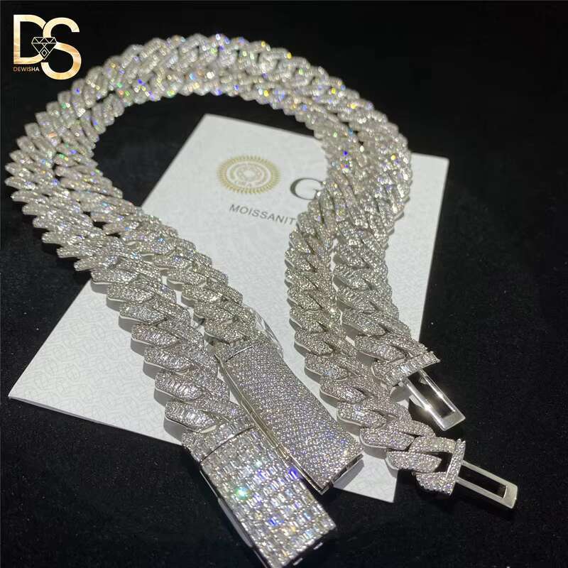 New Fashion 15mm Hip Hop Mens S925 Silver Plated Moissanite Diamond Iced Out Cuban Chain Necklace