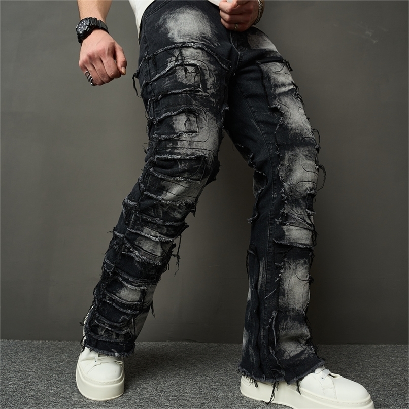 Streetwear HipHop Men Ripped Spliced Patch Straight Jeans Stylish Male Distressed Loose Biker Denim Pants 250408