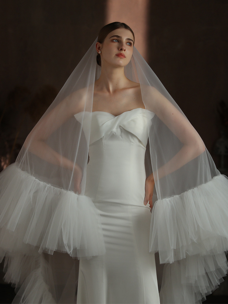 Elegant Wedding Veil Two Layer Long Cathedral Veils Ruffles Ruched Edge Handmade Tulle Customized Bridal Accessories