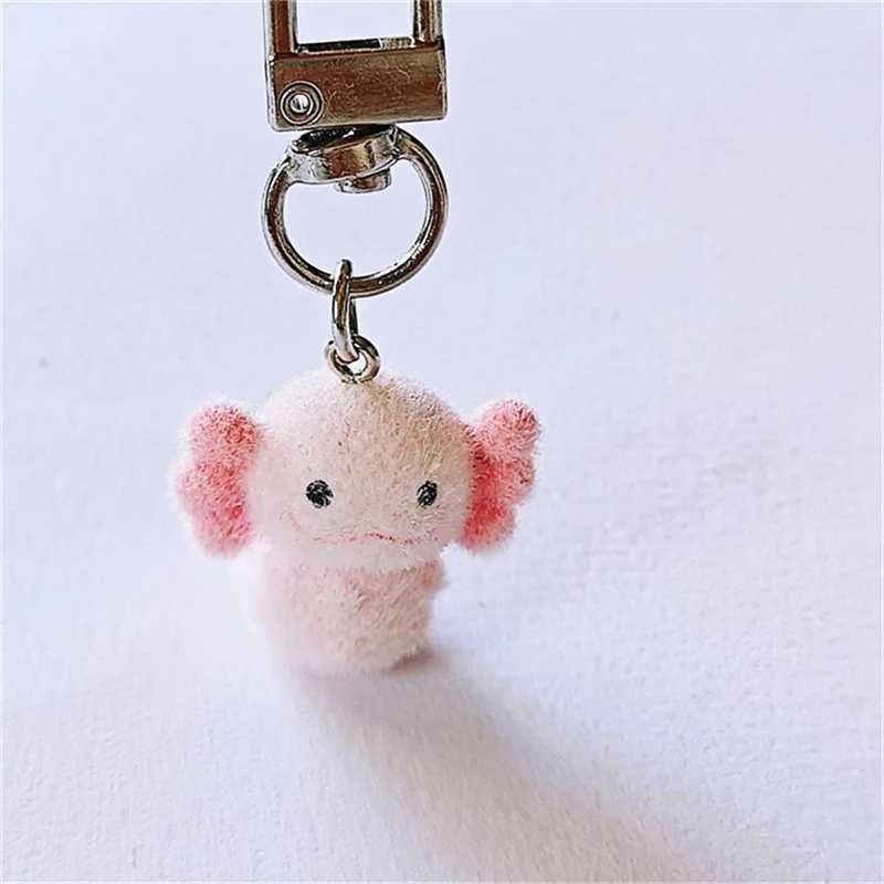 Cute 3D Flocking Axolotl Keychain Flocked Pink Axolotl Couple Phone Pendant Car Keyring Earphone Backpack Charm Bag DecorationXJ250409