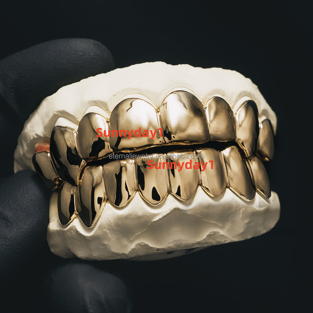 Factory Custom Women Men Hiphop Top Bottom 2 4 6 8 10 Real S925 Plain Silver 10K 14K 18K Solid Filled Gold Grillz for Teeth