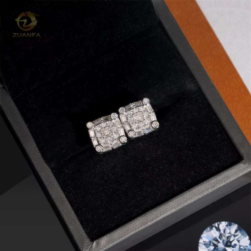 Fashion New Design Square Shape Iced Out Hip Hop 925 Silver Diamond Moissanite Earrings