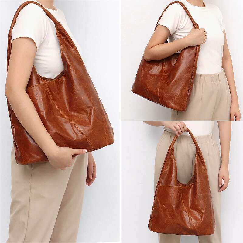 SC Single Handle Over Shoulder Hobo Bag Women Retro Leather Soft Multi Pockets Large Capacity Handbag Vintage Style Snap Button