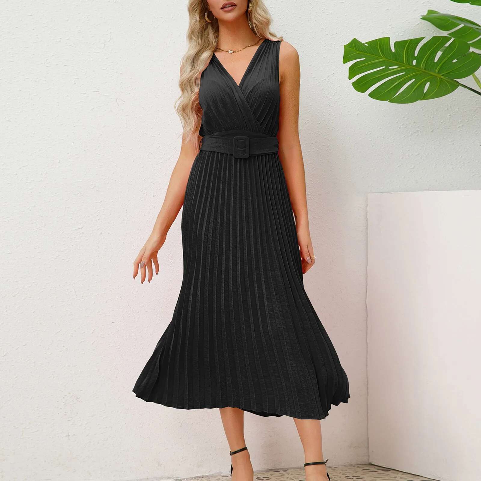 Dongdumaoyi New Summer Pleated Dress For Women Elegant Office Ladies Sleeveless Evening With Belt Maxi Dresses Clothes