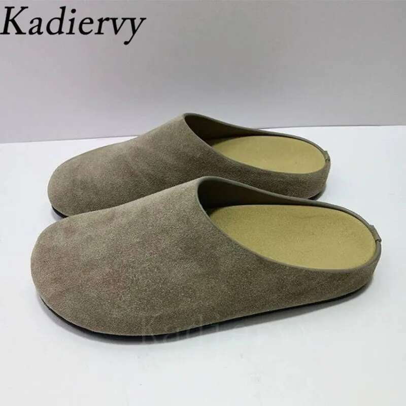 New Cow Suede Round Toe Flat Slides Outdoors Casual Mules Shoes Women Comfort Thick Sole Half Slippers Woman