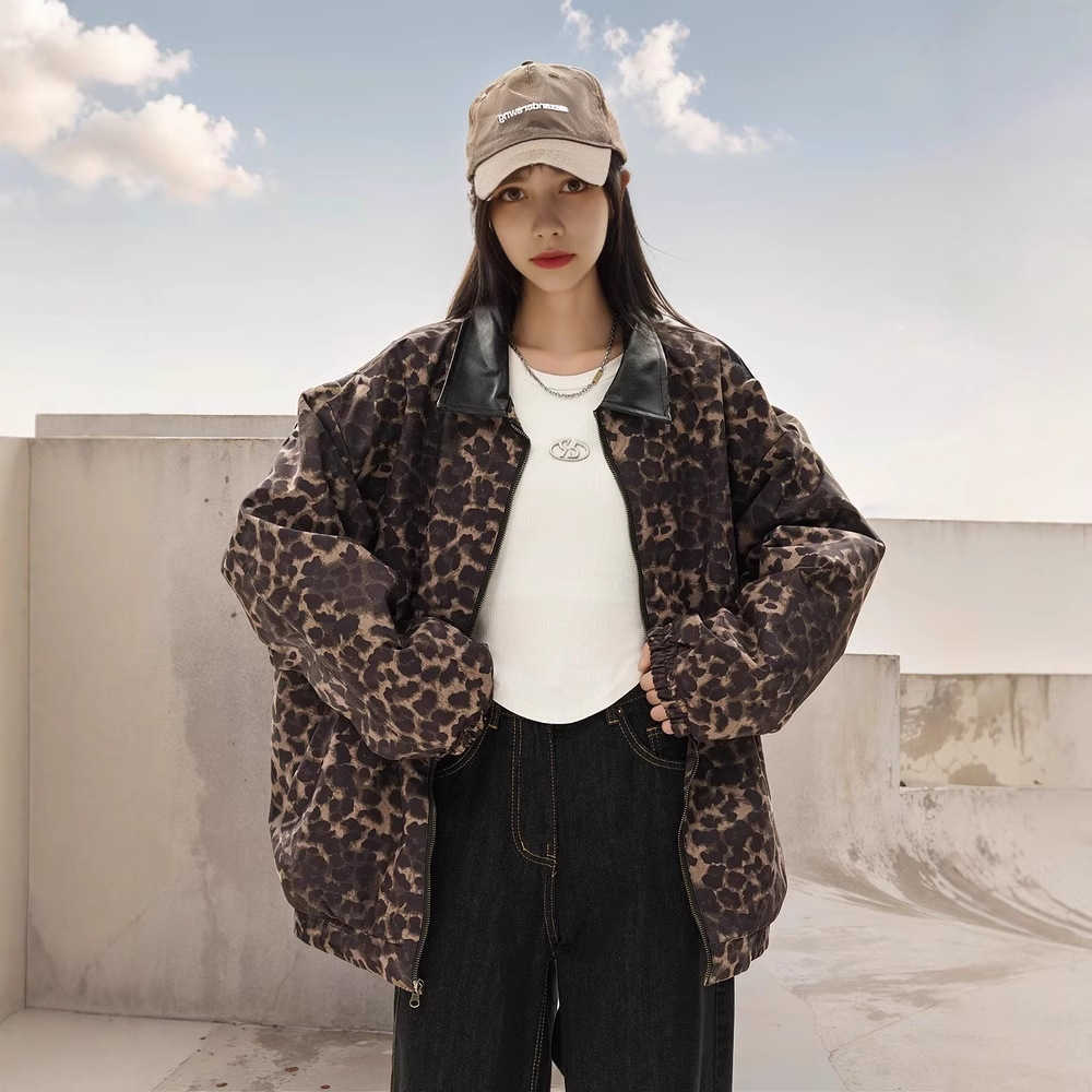 Womens clothing European and American style leopard print padded cotton loose fit sailboat cotton jacket X241120