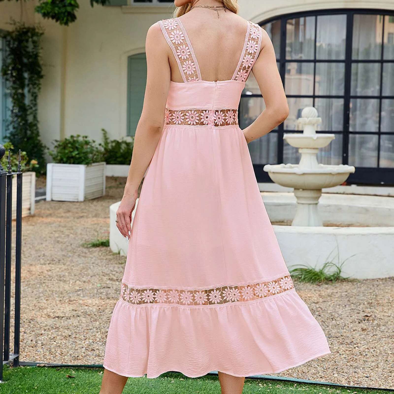 Dongdumaoyi Blue Long Dress Women Summer Sexy Sleeveless Backless Maxi Dresses Ladies Elegant Hollow Out Lace Boho Sundress Vestidos