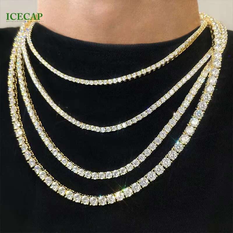 Iced Out Hip Hop Tennis Moissante Chain Necklace Rapper VVS Moissanite Tennis Link Necklace 925 Silver K Gold Fine Jewelry
