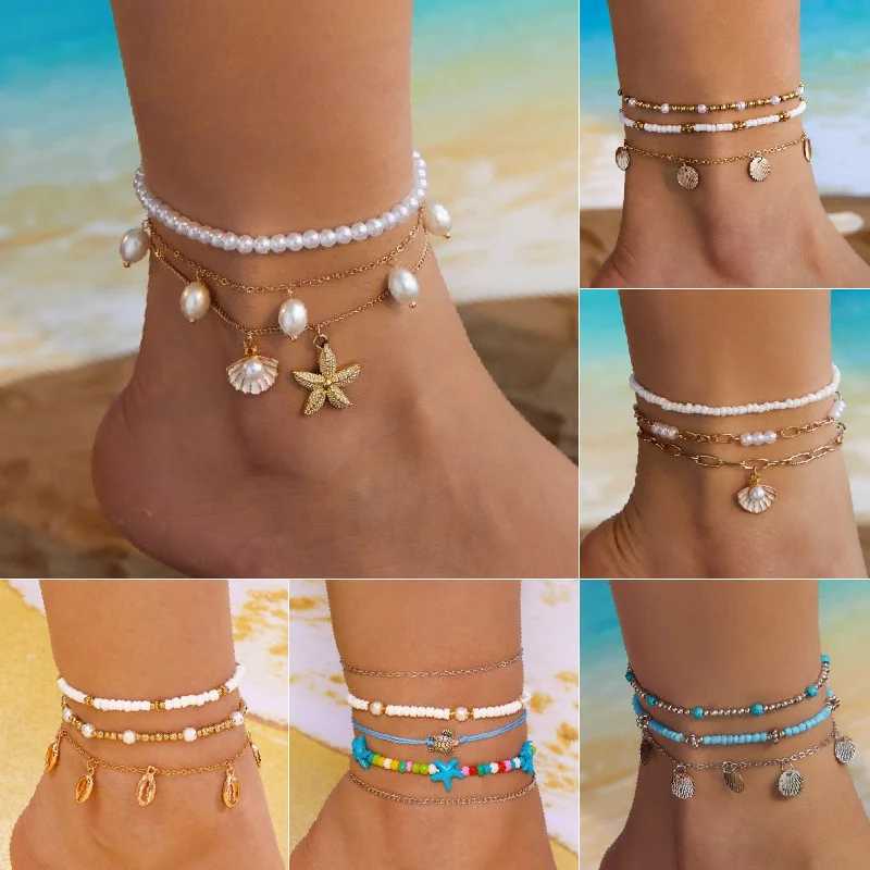 Vintage Gold Color Love Heart Chain Anklet Set for Women Beads Beach Holiday Anklet Bracelet on Foot Jewelry Adjustable Z250408