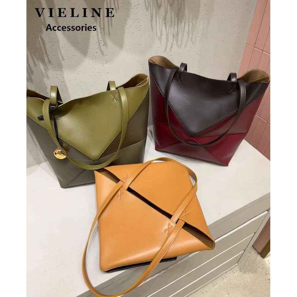 VIEE Genuine Leather Folded Tote Large Capacity Shopping Handles Shoulder Bag Ladies Portable Handbag