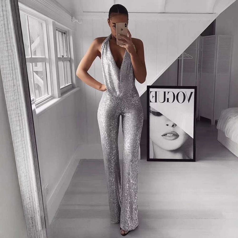 Style New Hot-Selling Halter Neck Elegant Slim Sexy Party Sequin Long jumpsuit plus size clubwear jumpsuits rompers