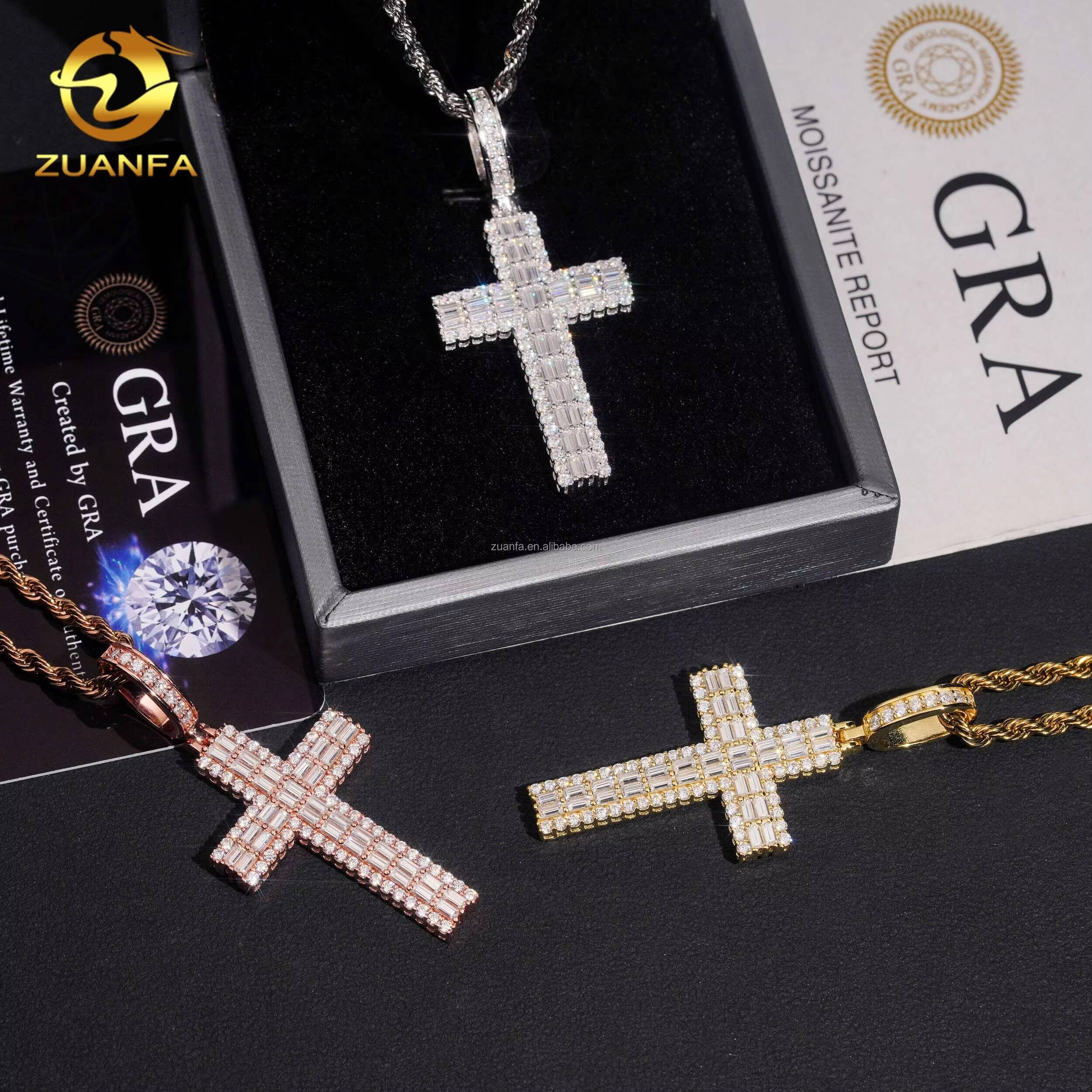 New Arrivals Trendy Fashion Man LuxuryJewelry Hip Hop Pendant S925 VVS1 Baguette Moissanite Diamond Cross Pendant Necklace Set