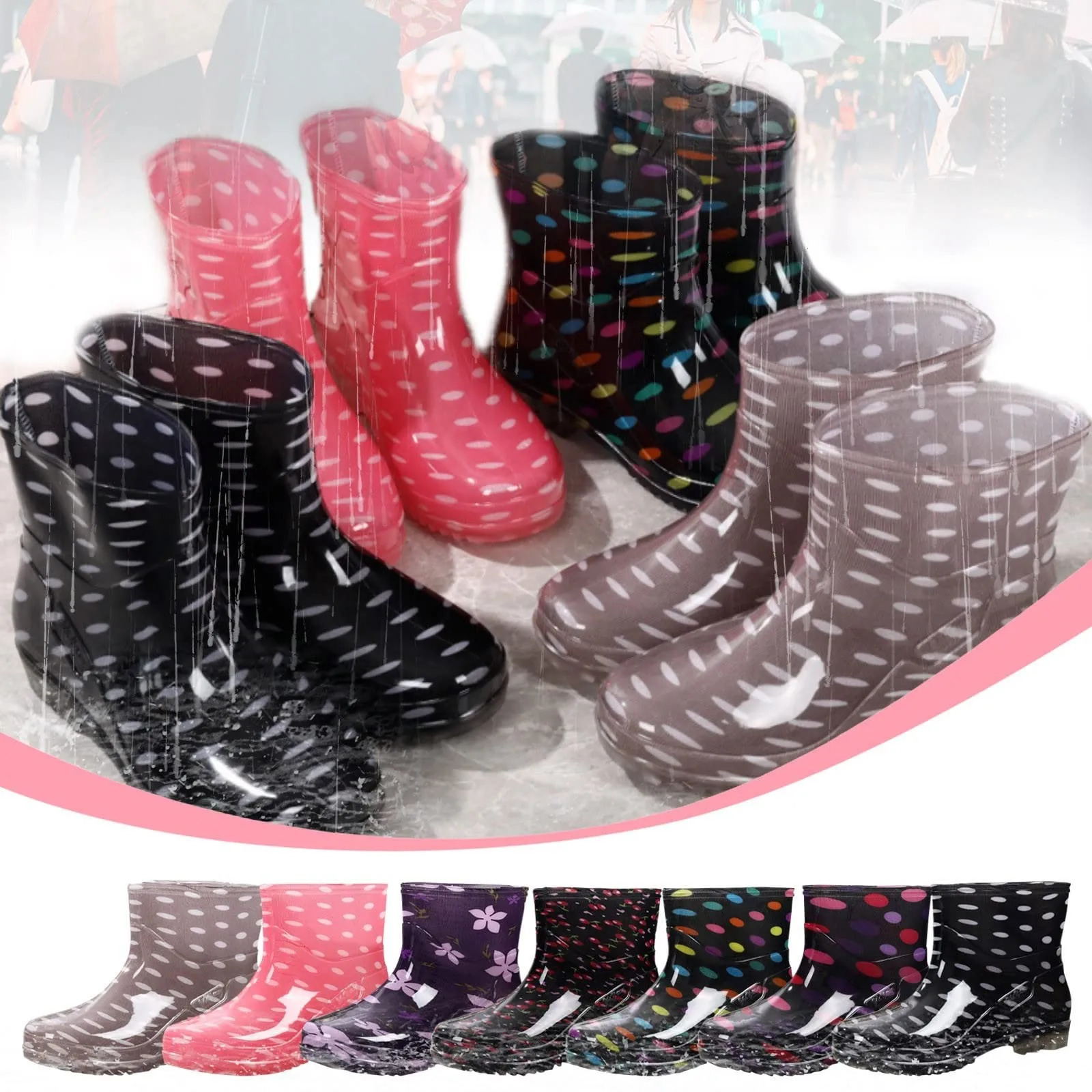 Fashionable Print Rain Boots Adult Womens Waterproof Boots Anti-slip Wear-resistant Shoes Mid-high Boot Rain Shoes 251106