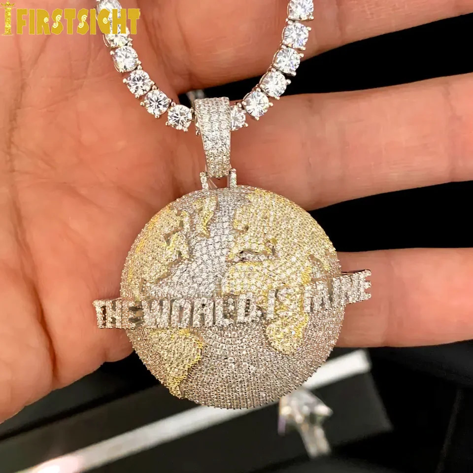 Iced Out Bling Letters The World Is Mine Pendant Necklace Two Tone Color Zircon Map Charm Mens Hip Hop Jewelry 251107