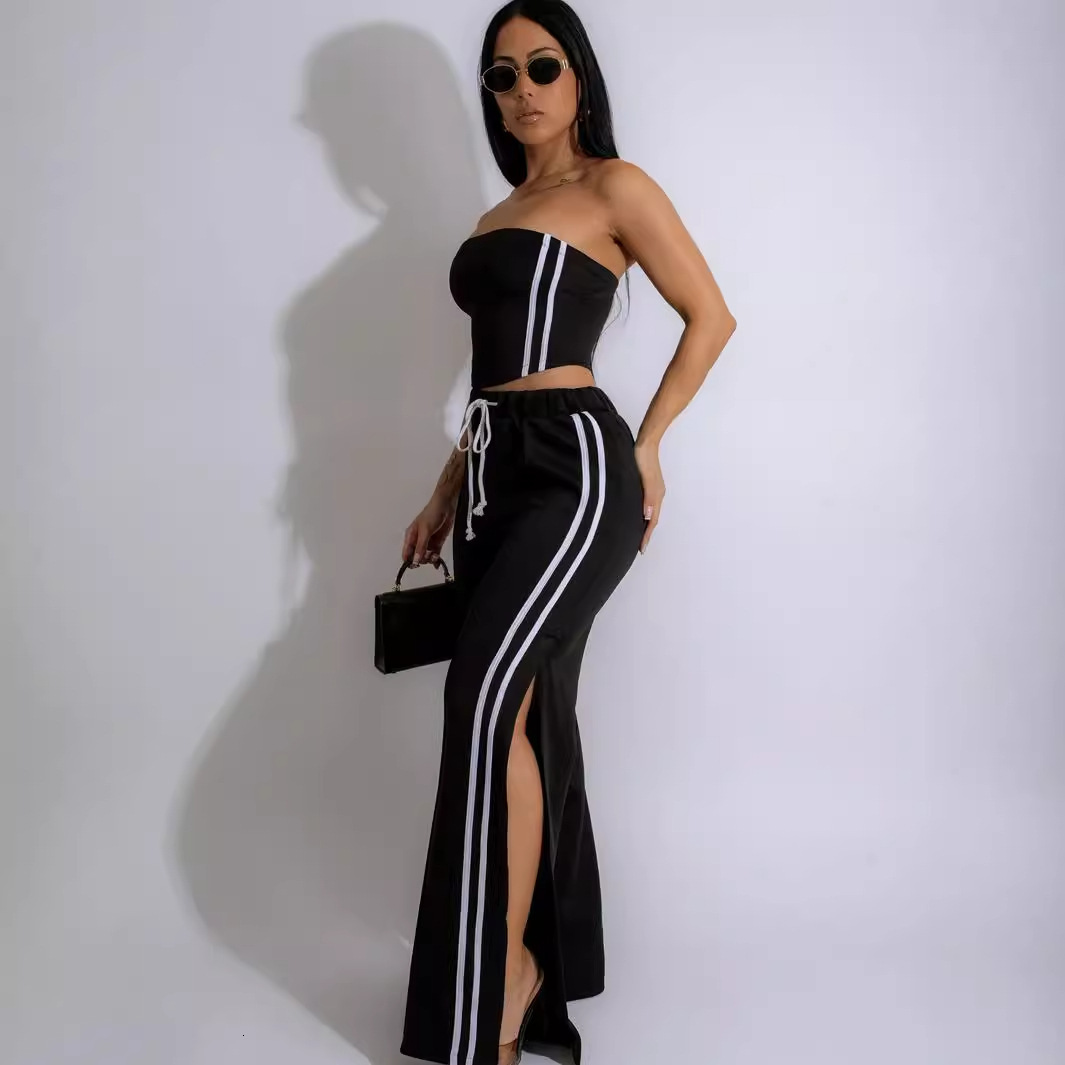 2025S Designer Women S Set Summer New Solid Color Stripe Short Fit Sexy Strapless Strap Wide Leg Pants Set