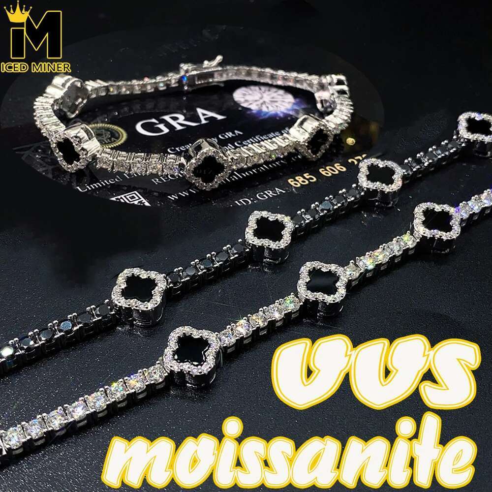 3mm Moissanite Black Agate Clover S925 silver Tennis Chain Bracelet Iced Out for Men Fashion Hip Hop Jewelry Pass Diamonds Teste