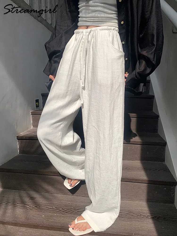 White cotton linen pants for women with wide legs basic summer Trousers cotton thin high waisted loose straight womens pants summer 2025XJ250403