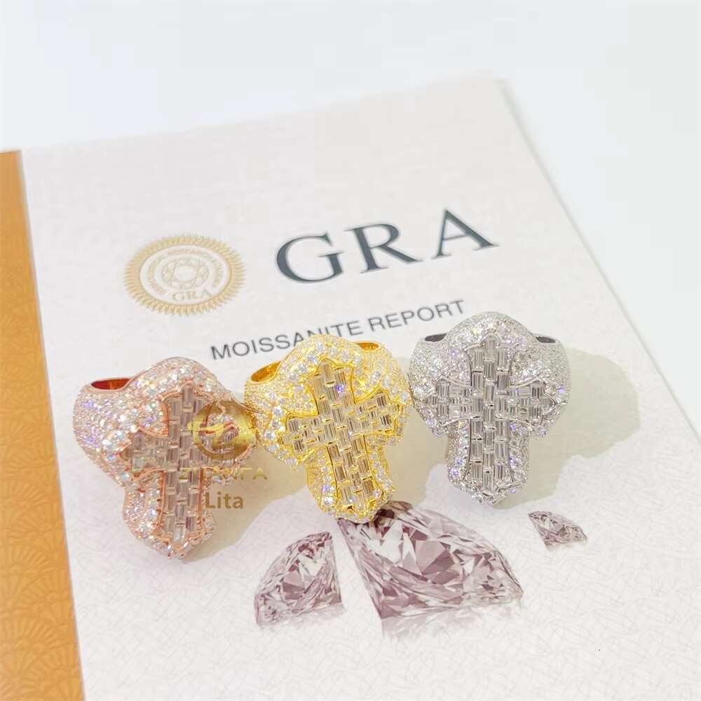 New Arrival Hip Hop Cross Style 925 Sterling Silver Iced Out Vvs baguette Diamond Custom Moissanite Rings