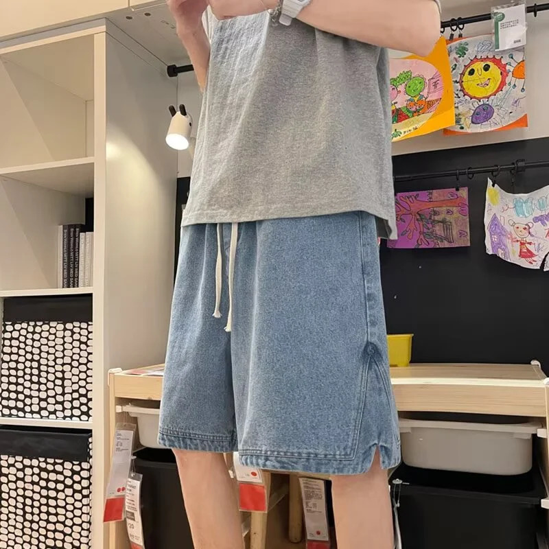 Mens Casual Side Seam Denim Shorts Summer Street Fashion Bag Jorts Harajuku Hip Hop Y2K Blue 250409