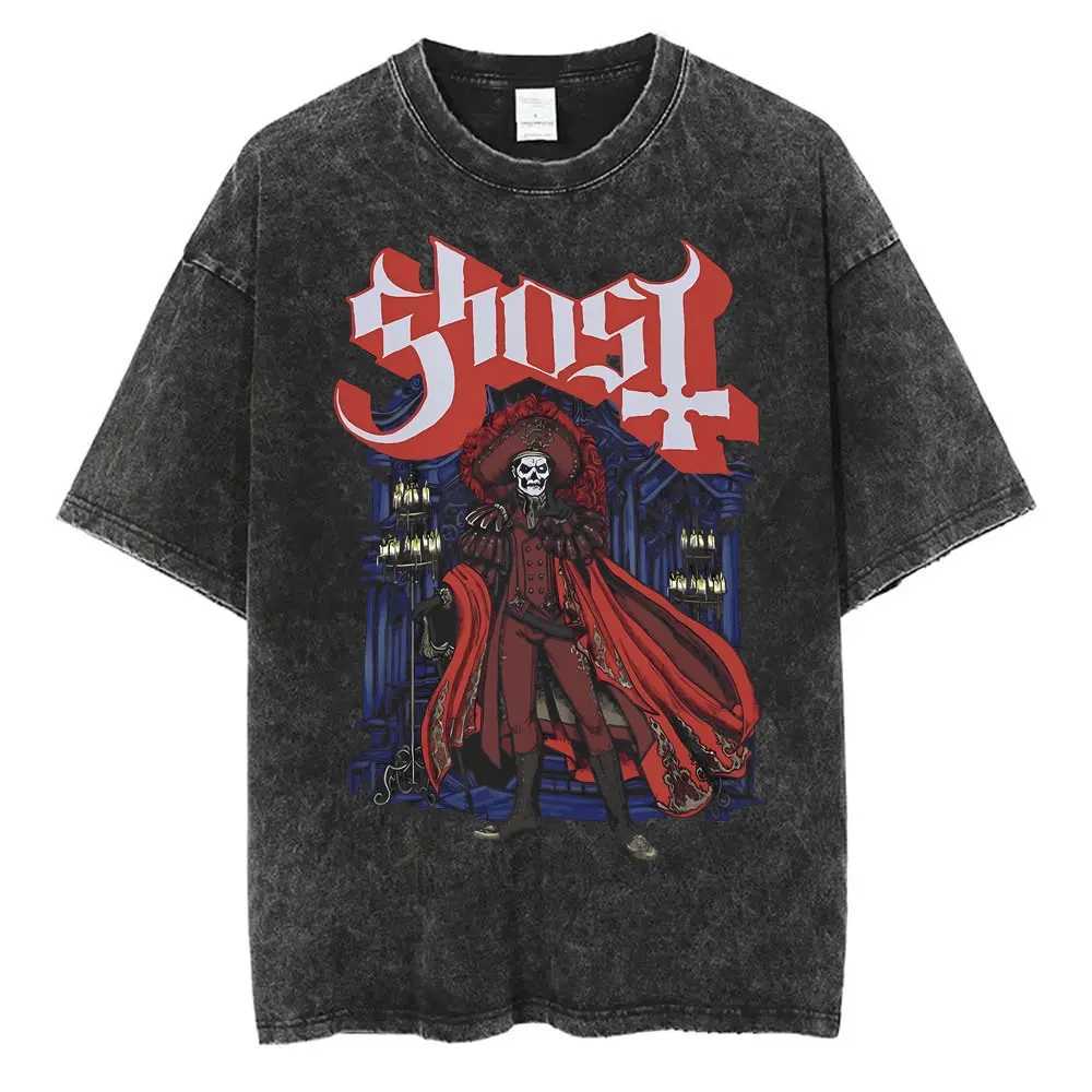 Ghost Band Graphic T-shirt Wash Retro Skeleton Rock Oversized Printed T-shirt Mens 90s Classic Gothic Punk Metal T-shirtXJ250409