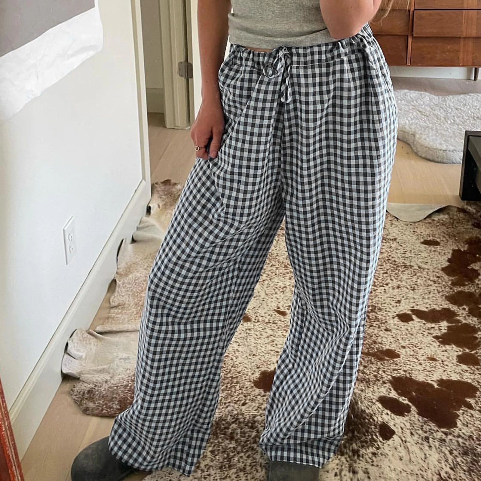 Gaono Comfy Wide Leg Pants Vintage Elastic Waist Plaid Striped Print Pants Women Lounge Trousers Pockets 00s Retro Pajams Bottom 250409