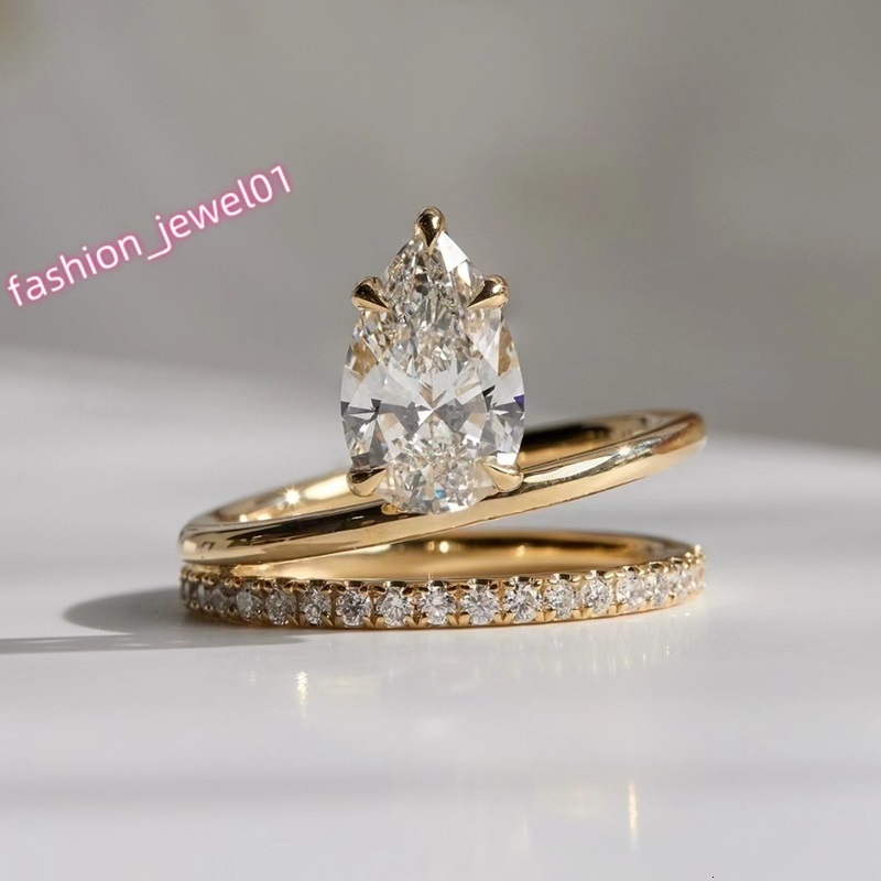 Fine Jewelry 1CT Pear with halo Moissanite Diamonds Wedding Ring and Band 18K White Gold Moissanite Rings Set