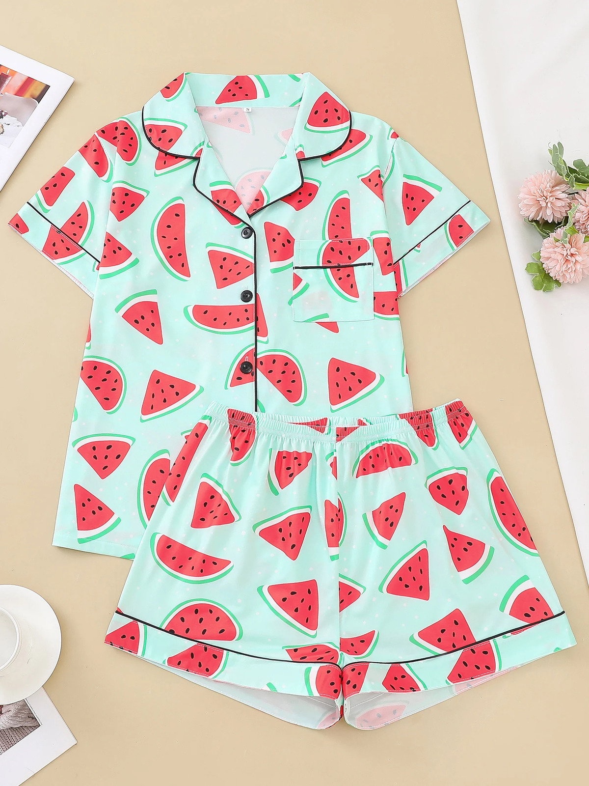 Two piece womens pajama lapel top and trousers watermelon summer casual pajamas 250409