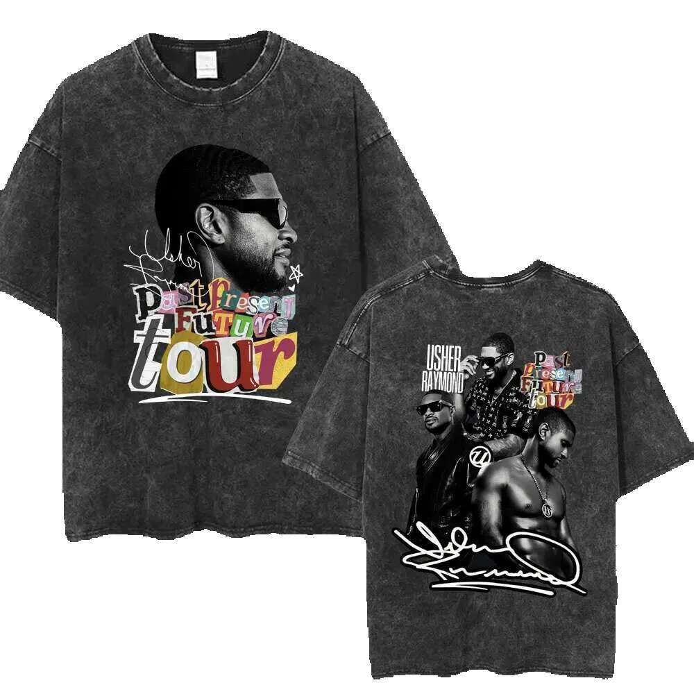 Usher Past, Present, Future 2024 Tour Washed Hip Hop Retro Haruku Men's and Women's Bulk High Quality Cotton Street T-shirt