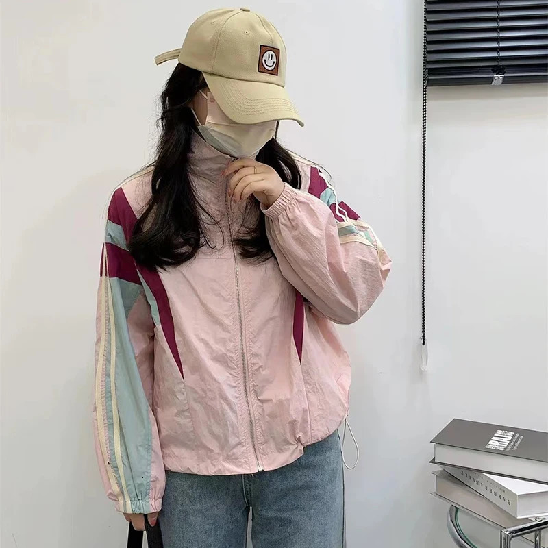 Retro patch work striped womens jacket Y2K Korean oversized stand up collar baseball uniform autumn zipper windproof 250409