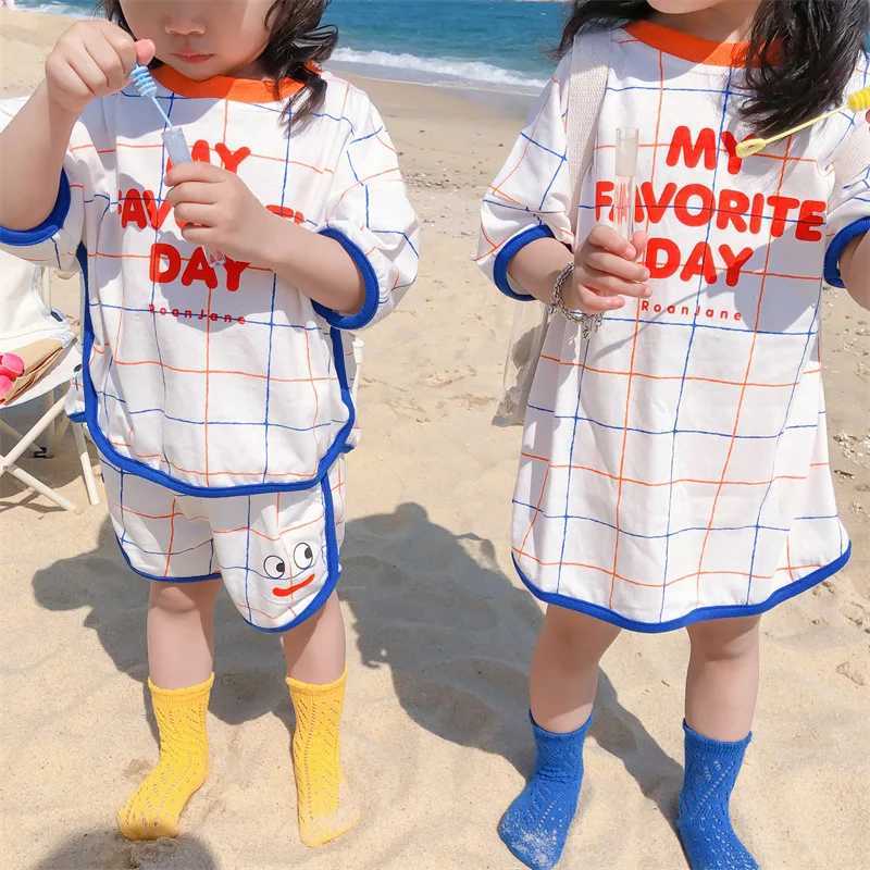 2025 South Korea Summer Childrens Clothing Set South Korea Style Short Sleeve T-shirt Girls Dress Set Brother sisters Set S2548