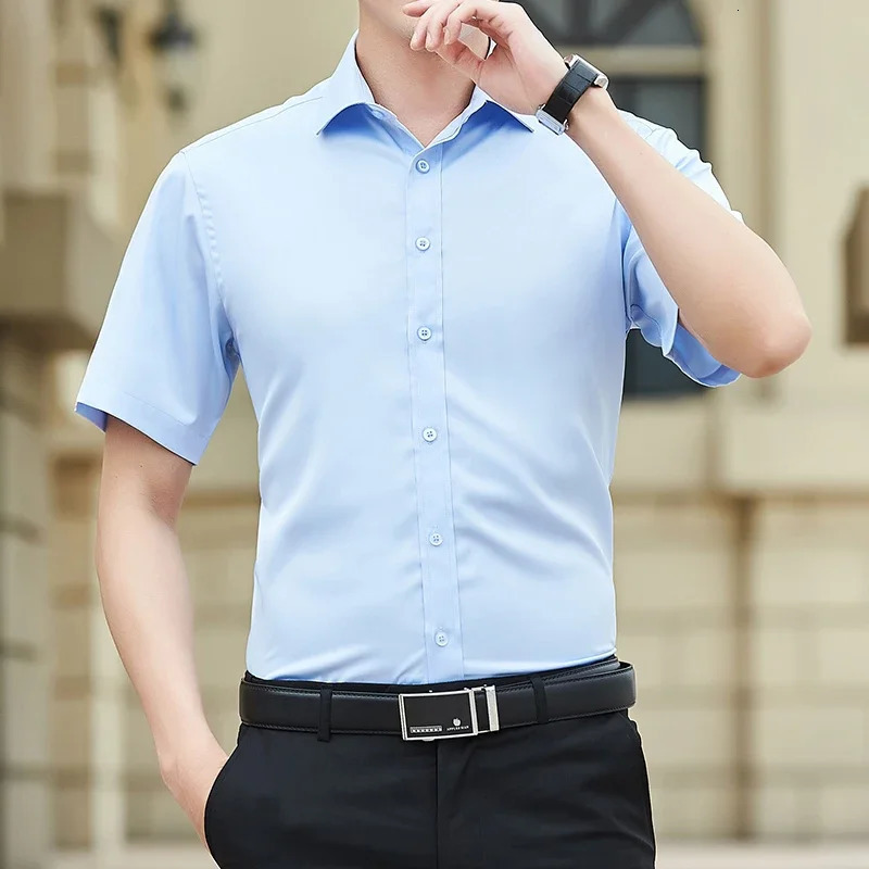 Summer Mens Slim Solid Color Short Sleeve Shirt Business Casual White Shirt Male Large Size 5XL Classic Style 250408