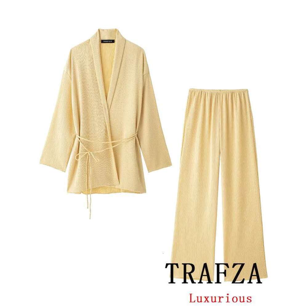 Designer clothing TRAFZA Vintage Casual Chic Solid Women Suit V-Neck Lace Long Sleeve Shirts Loose Straight Pants New Fashion 2024 Autumn Suits