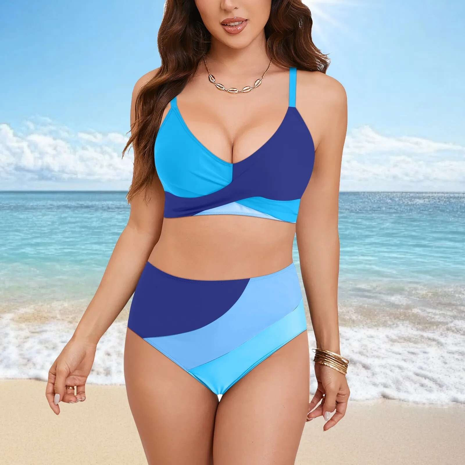 Dongdumaoyi Womens High Waisted Bikini Sets Fashion Casual Color Block Coverage Separate Two Piece Swimwear Bra Backless Vest Swimsuits