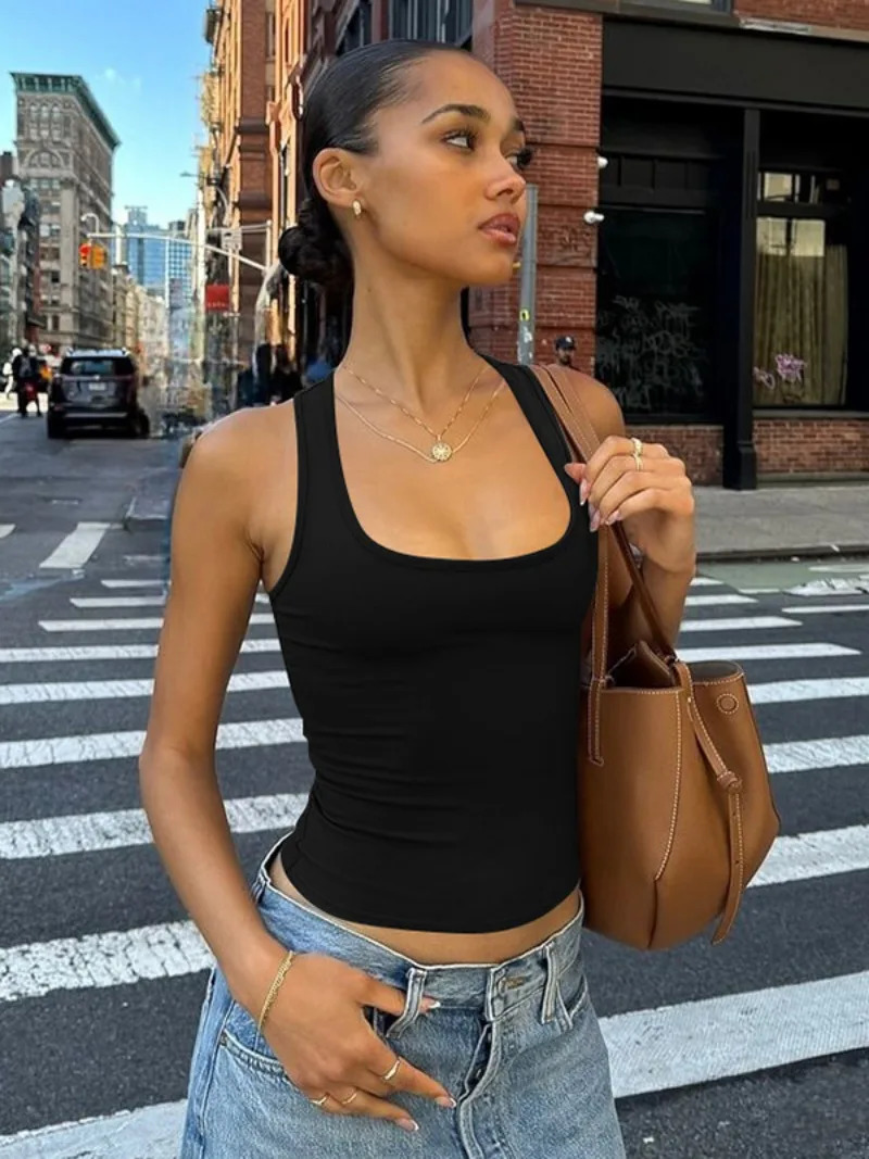 Womens Fashion Solid Tank Top Sleeveless Tshirt Square Collar Tight corset Y2K Grey 250409