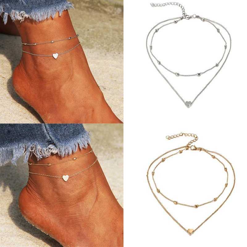 Women Ankle bracelet silver Color Anklets Simple Heart Barefoot Crochet Sandals Foot Jewelry Two Layer Foot Leg Bracelet Anklets Z250408