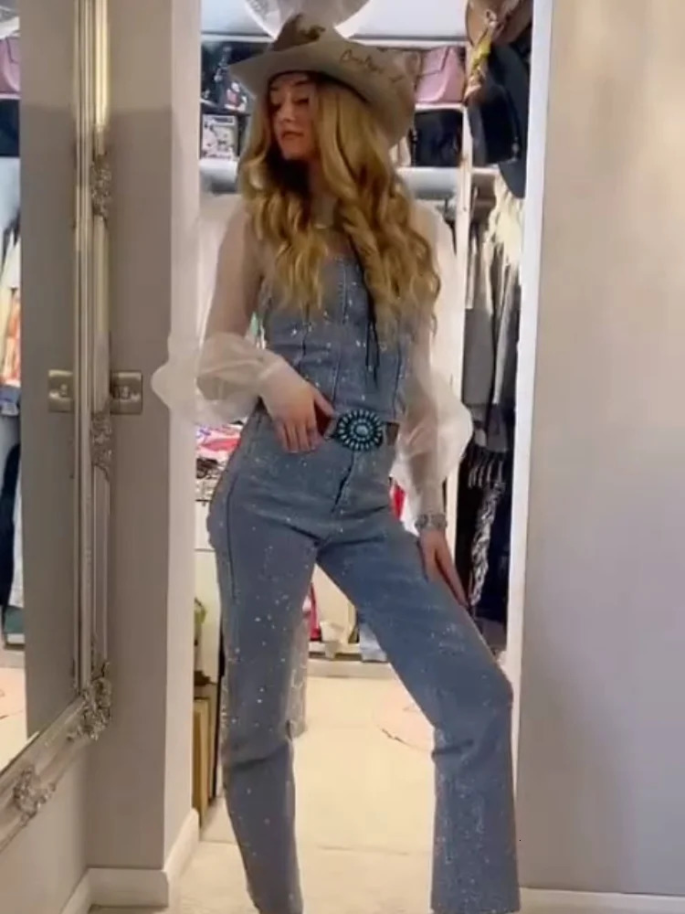 Sexy sequined denim vest pants set for womens Y2K solid sleeveless crop top waist zipper jeans fashionable street party 250409