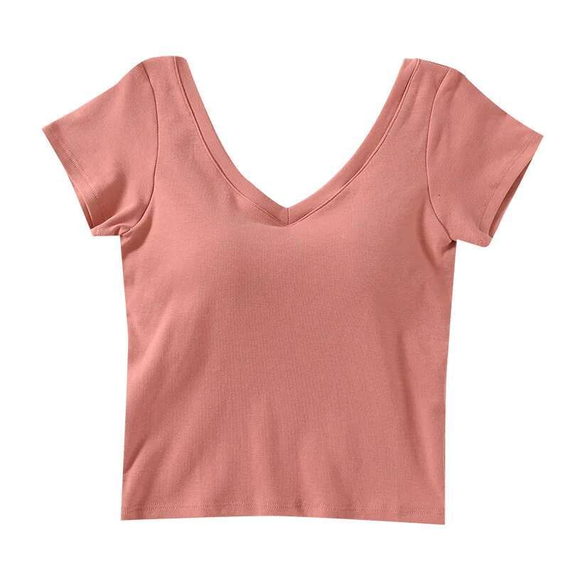 Sexy Cotton Short-Sleeve T-Shirt with Chest Pads Women's Summer One-Piece Short V-Neck Slim Tops