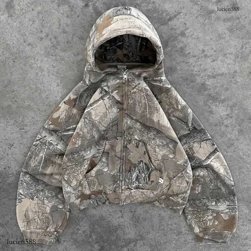 Y2K Retro zip up Hoodie Men Camouflage Pattern zipper Sweatshirt High Strt Hip Hop Strtwear Oversized Unisex Camo HoodieC241211