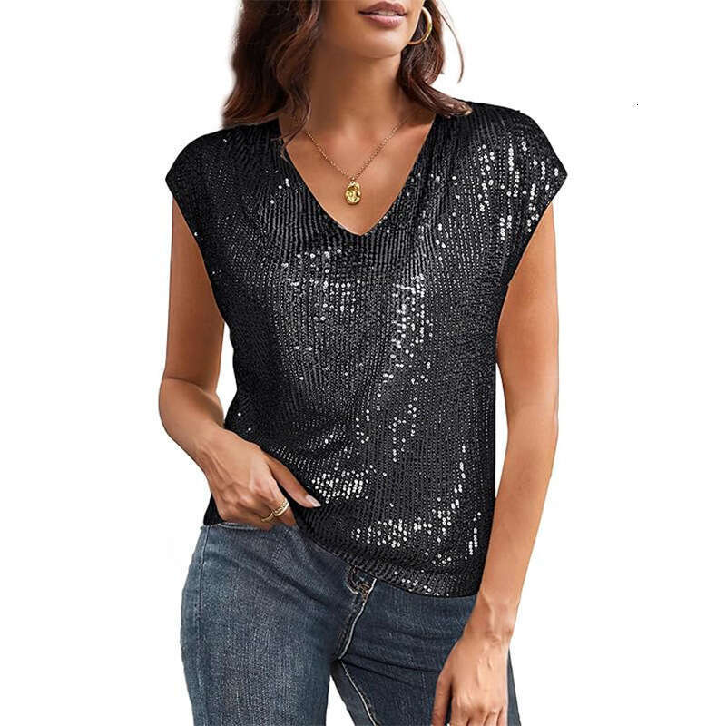 2025 V-Neck Sequin Short Sleeve Women's Shiny Tank Top Party Shirt Blouse silk woman WOMENS PLUS SIZE SHIRTS