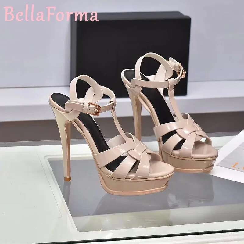 Women's Platform Fish Mouth Open Toe High Heels Stone Texture Matte Mature Light Banquet Wedding T-Strap Braided Sandals