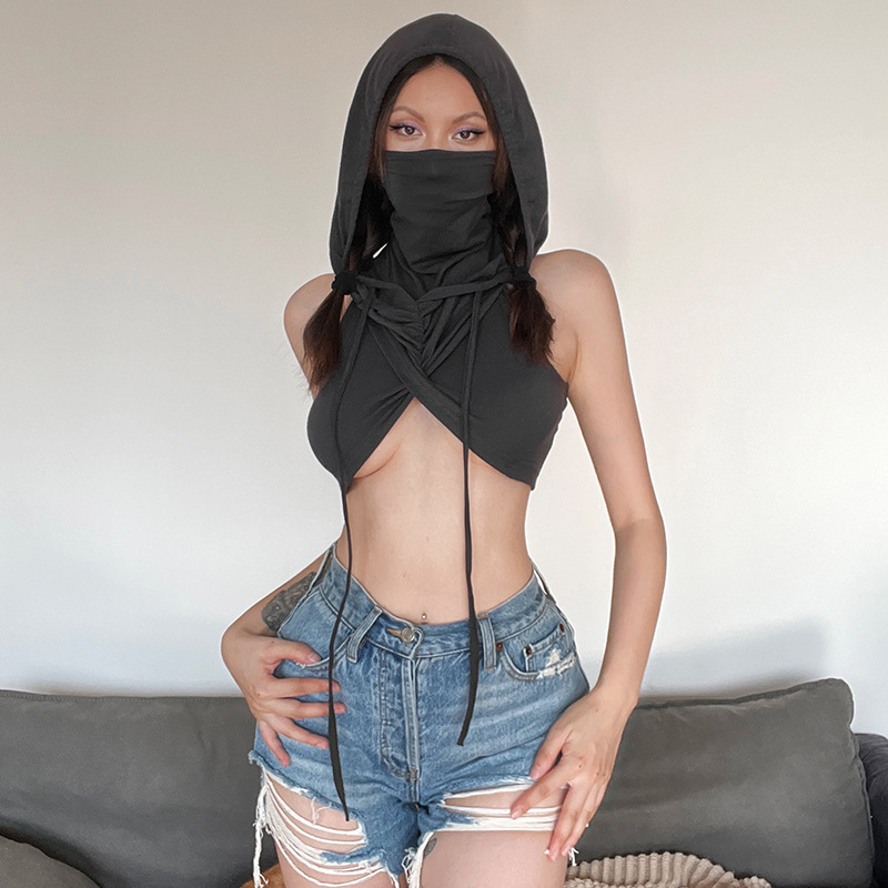 Womens Tanks Summer Travel Cool Sexy Simple All-Match Grey Mysterious Fashion Personality High Cross Street Casual Women Hooded Vest