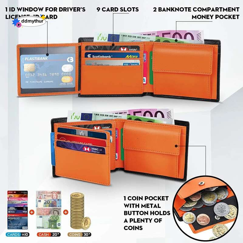 Wallets Mens Slim RFID Blocking Genuine Leather with Coin Pocket 2 Banknote Compartments 10 Credit Card Holders Wallet for Men ddmythur