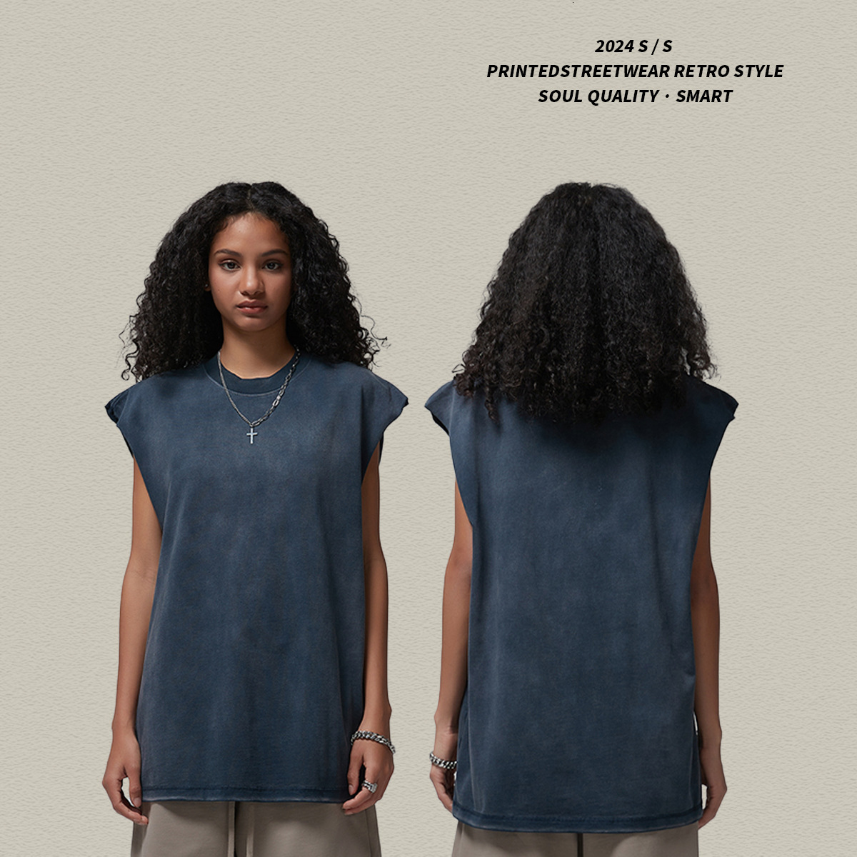 2025 Summer Pure Cotton Spray Dyeing Used T-shirt Men's Sports Shoulder Trendy Brand Loose Sleeveless Tank Top for Men