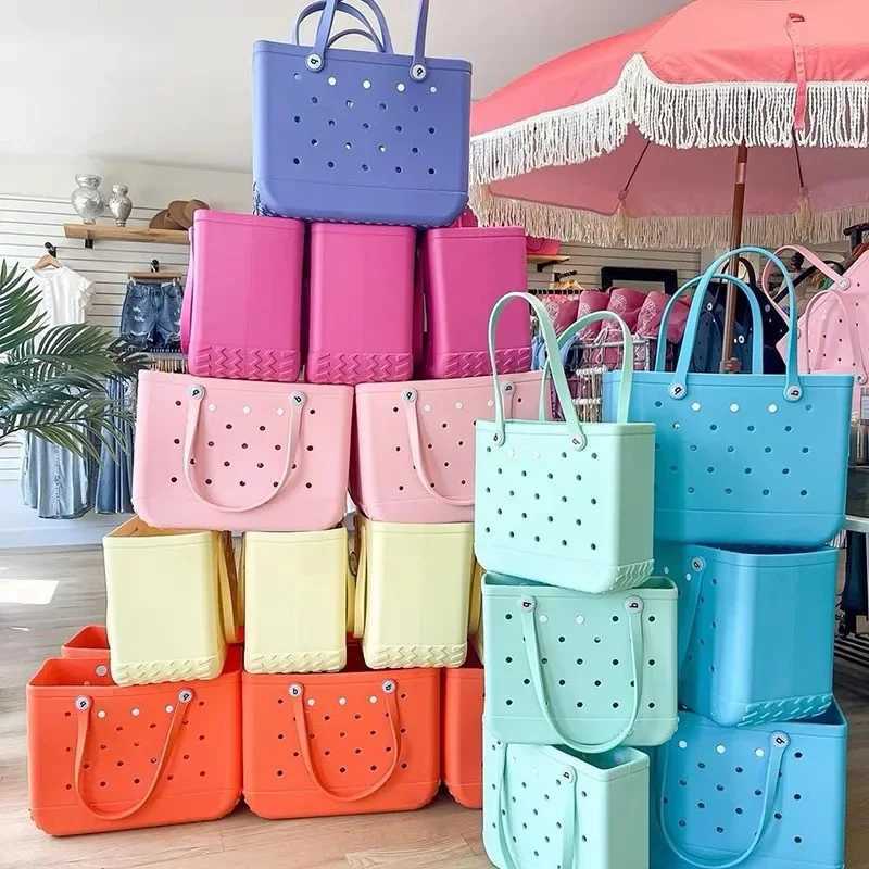 M/L/XL Beach Bag Fashion EVA Waterproof Picnic Storage Basket Travel Shopping Handbag Womens Shoulder Solid Color Handbag Y250409