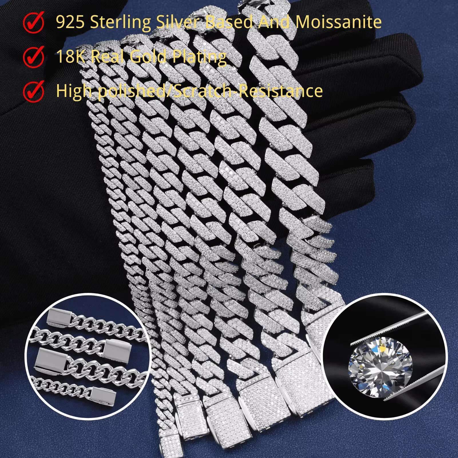 VVS D Moissanite 925 Sterling Silver Cuban Bracelet Hip Hop Style Prong Chain in 6mm 8mm 10mm 12mm 16mm 18mm Sizes